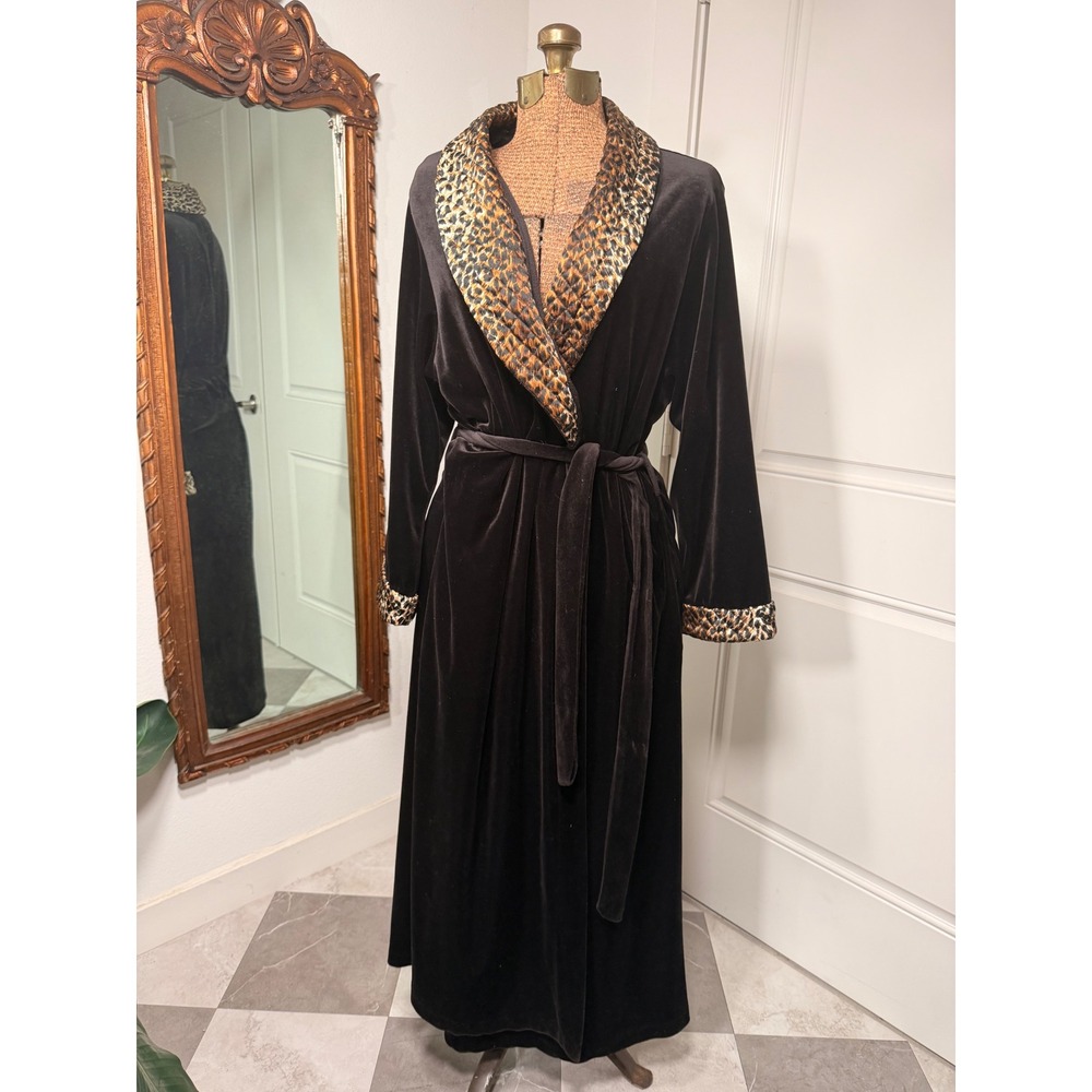 Vintage Cinema Etoile Black Velvet Robe Leopard Print Quilted Trim Long Large